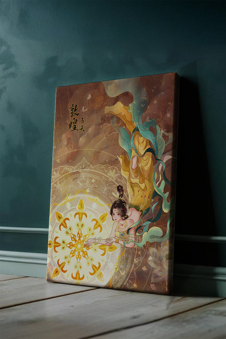 Figura celestial elegante con aura dorada y motivos florales