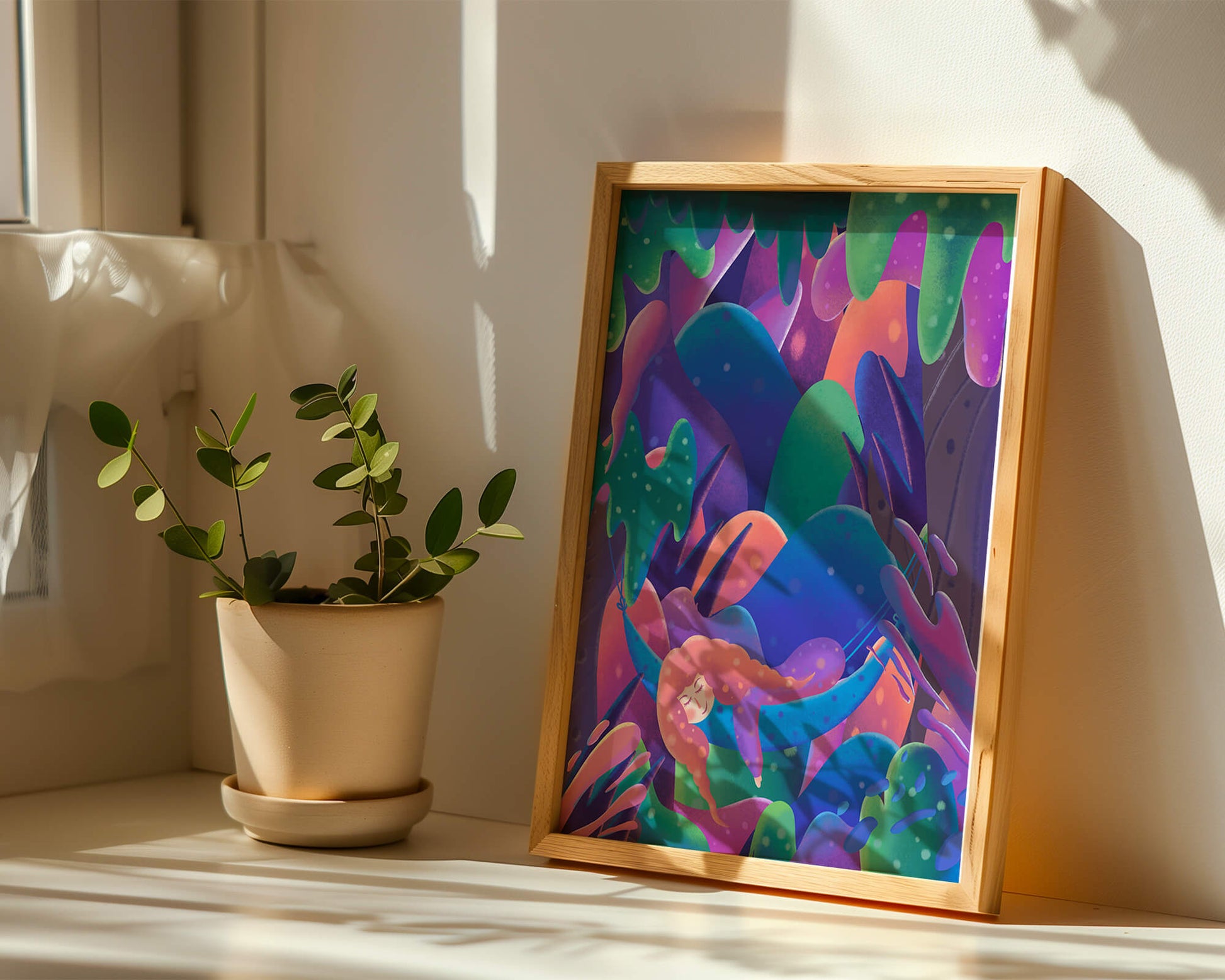 Selva surrealista onírica con mujer dormida