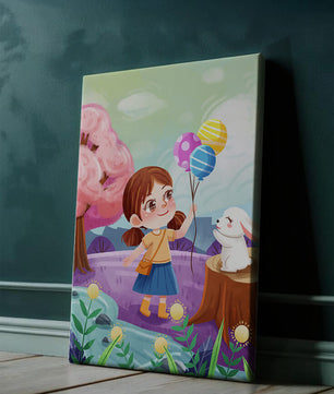 Charming Landscape with Girl Holding Balloons and White Bunny in Enchanted Forest