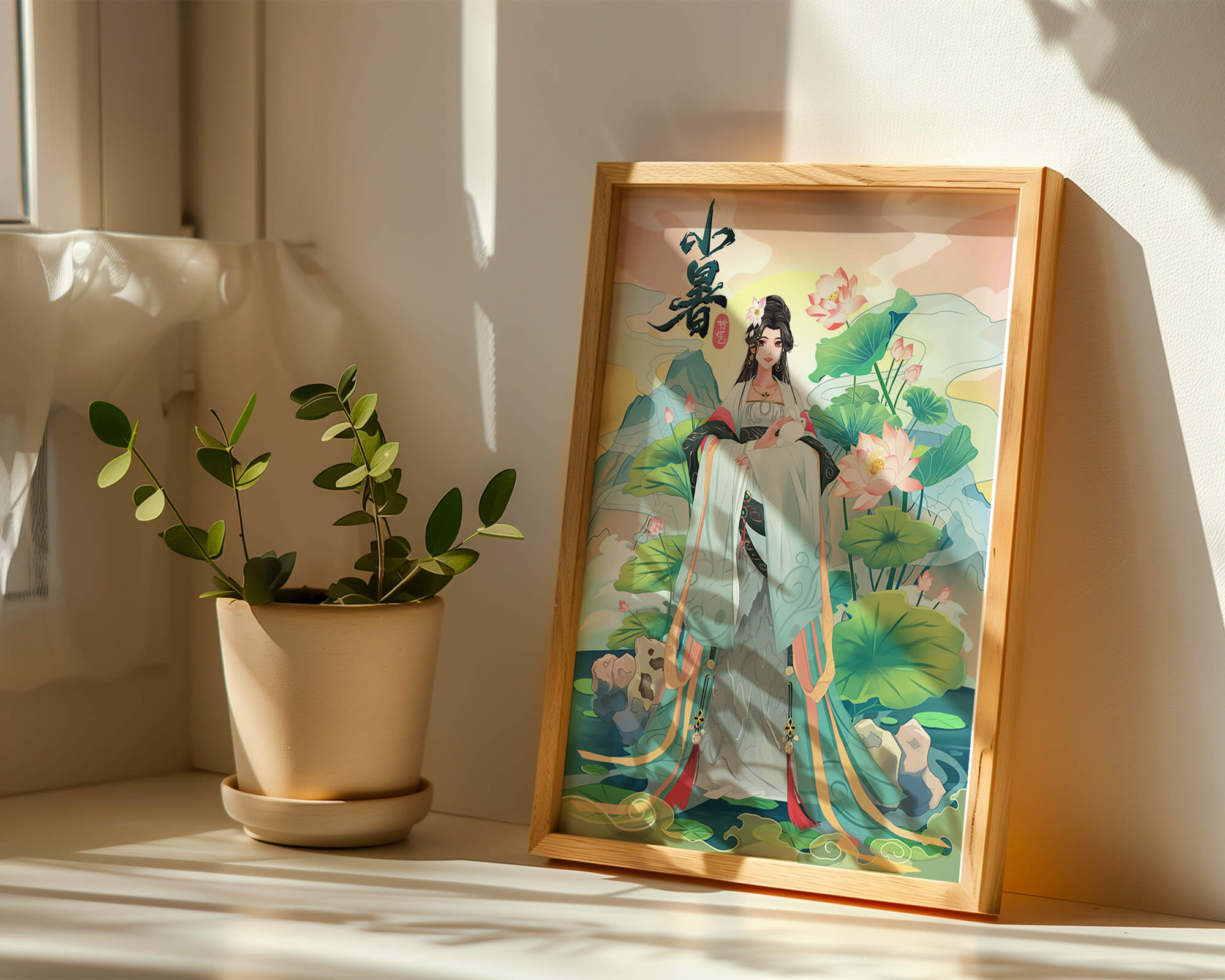 Elegant woman in traditional attire with lotus flowers and serene backdrop