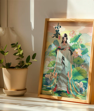 Elegant woman in traditional attire with lotus flowers and serene backdrop