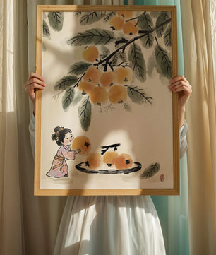 Arte japonés con una niña recogiendo caquis bajo un árbol
