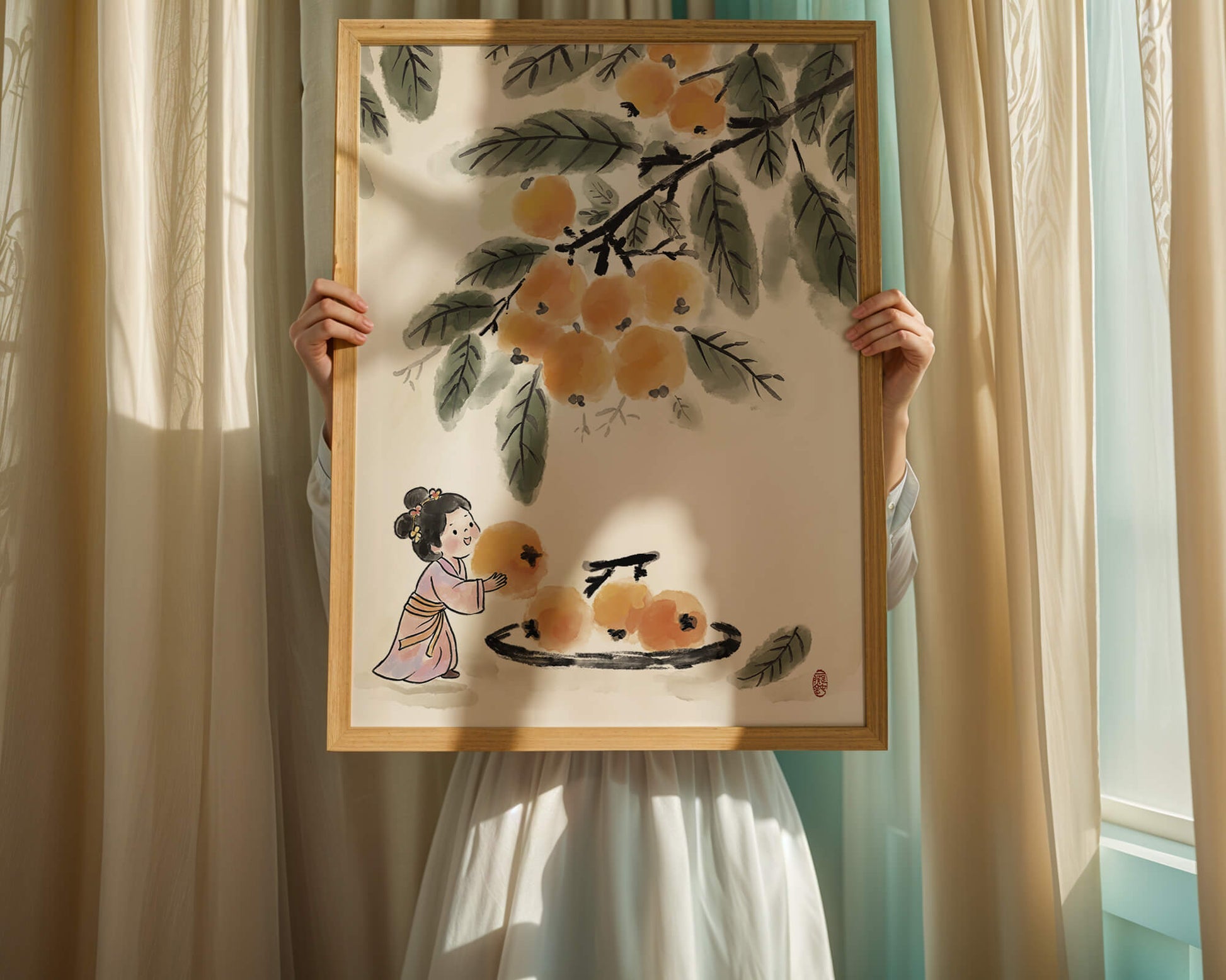 Arte japonés con una niña recogiendo caquis bajo un árbol