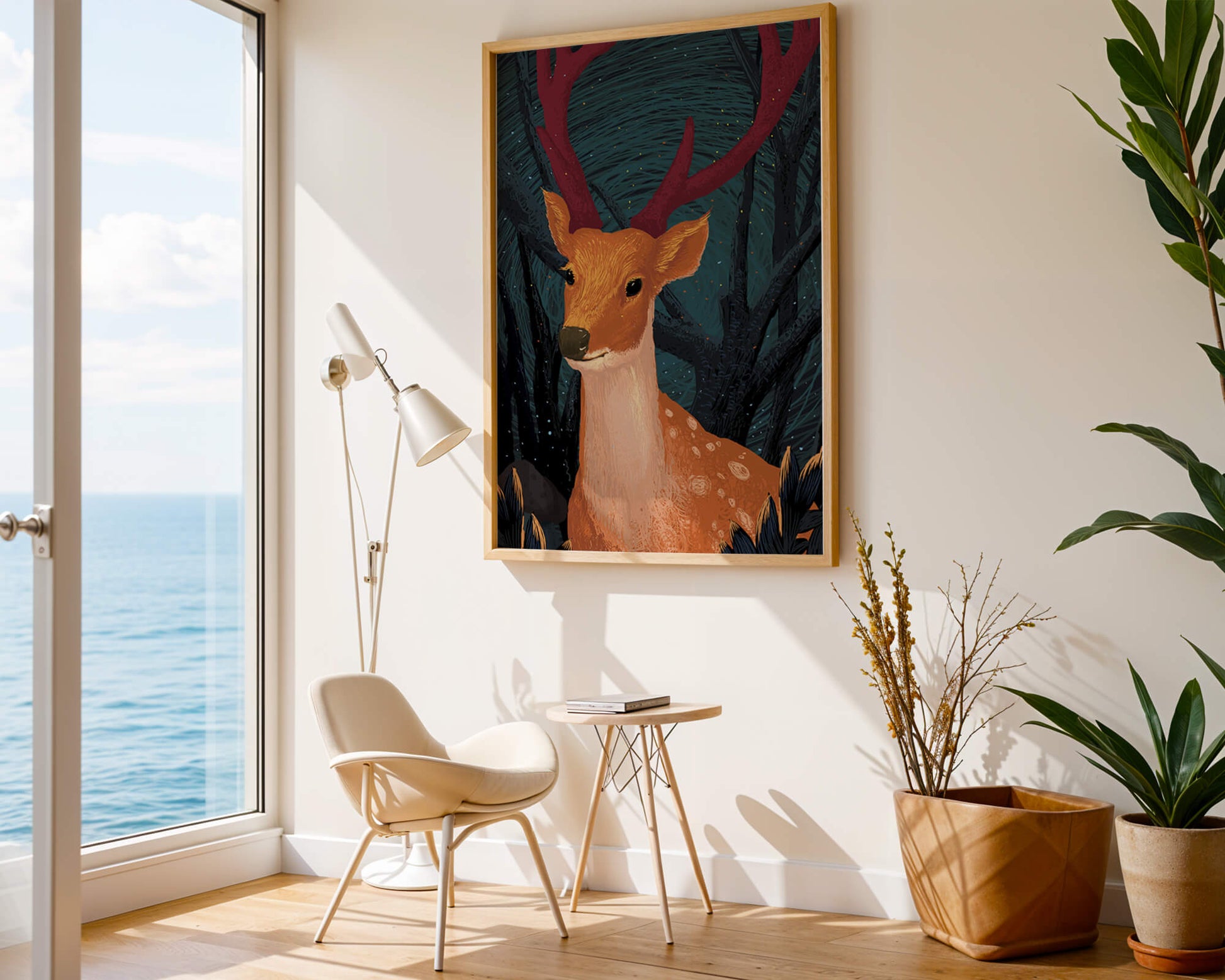 Ilustración de un majestuoso ciervo en un bosque místico