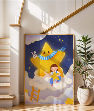Enfant fantaisiste assis sur un nuage avec une étoile et un lapin dans le ciel nocturne
