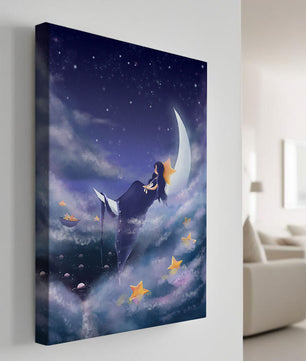 Cielo nocturno soñador con una niña sentada en una luna creciente rodeada de estrellas
