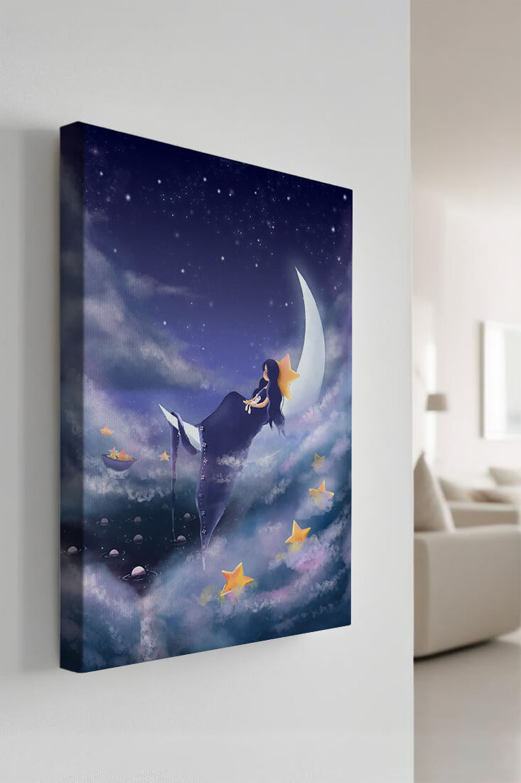 Dreamy night sky with girl sitting on crescent moon surrounded by stars
