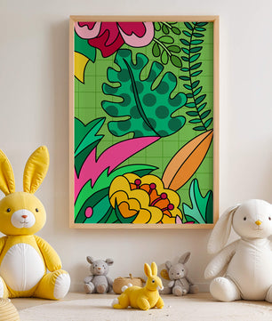Colorful botanical illustration with vibrant tropical elements