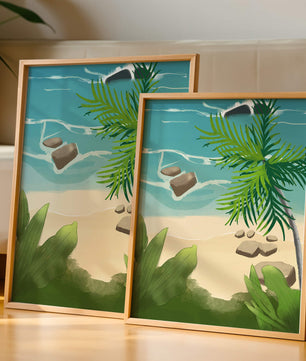 Serene tropical beach scene with lush greenery and calm waves