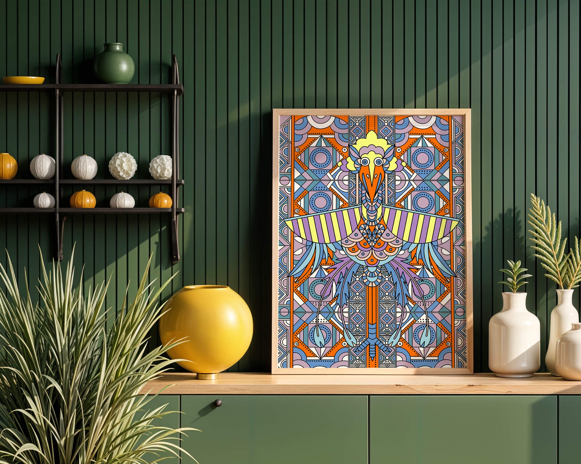 Oiseau géométrique coloré avec motifs détaillés