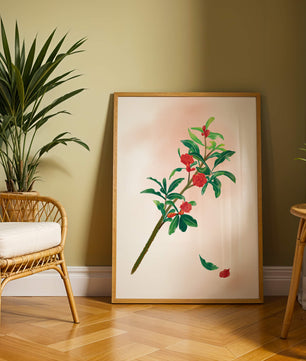 Ilustración detallada de una rama floreciente con flores rojas vivas y hojas verdes exuberantes
