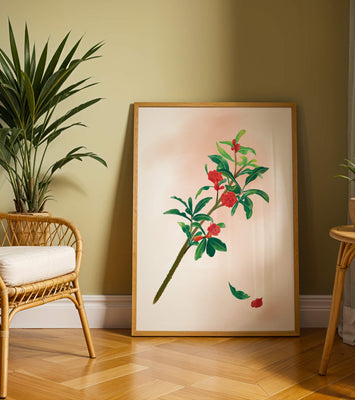 Detailed illustration of a flowering branch with vivid red blooms and lush green leaves