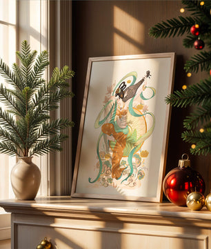 Elegant depiction of an Asian-inspired musician with floral and ribbon motifs