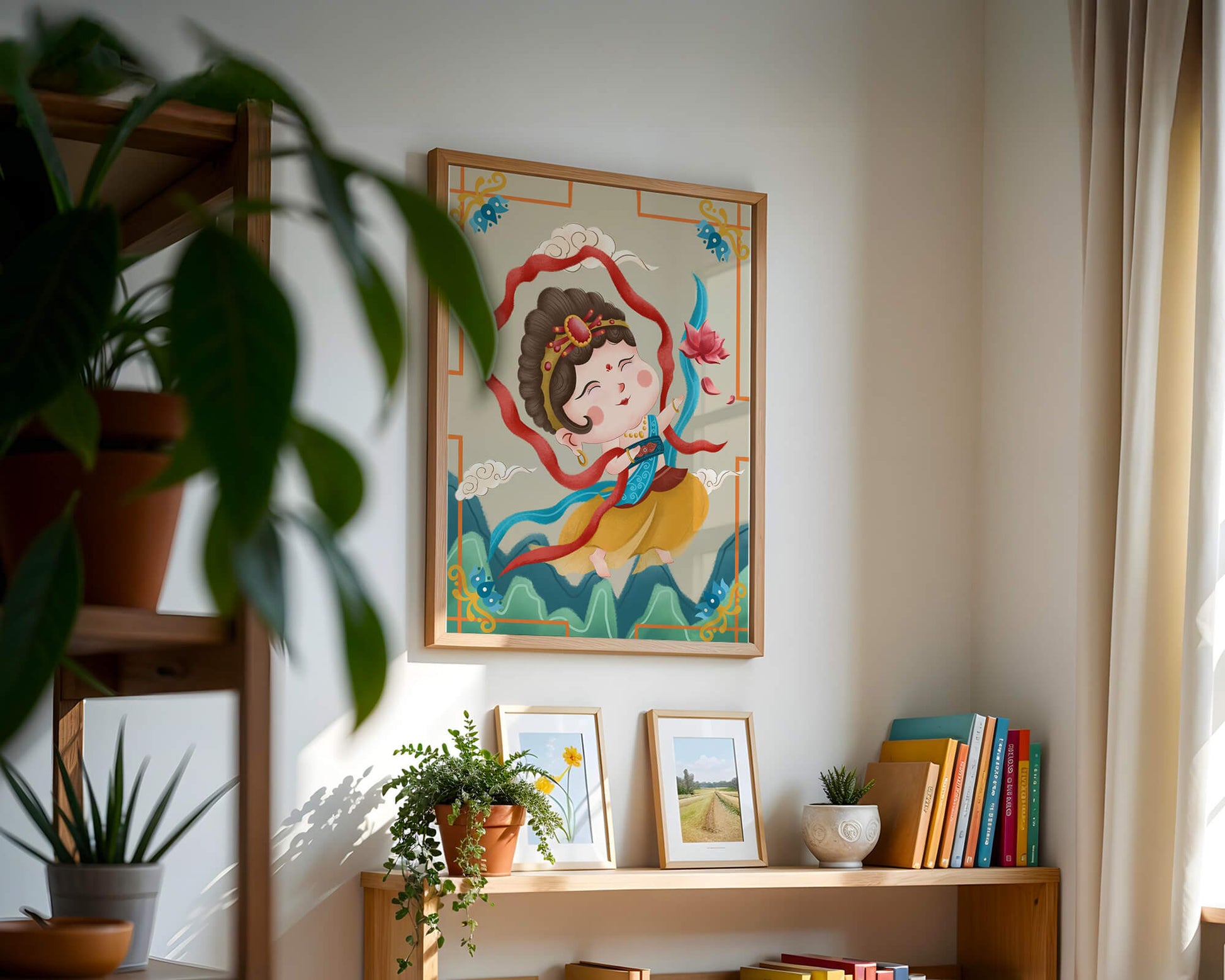 Whimsical illustration of a joyful child deity with lotus and clouds