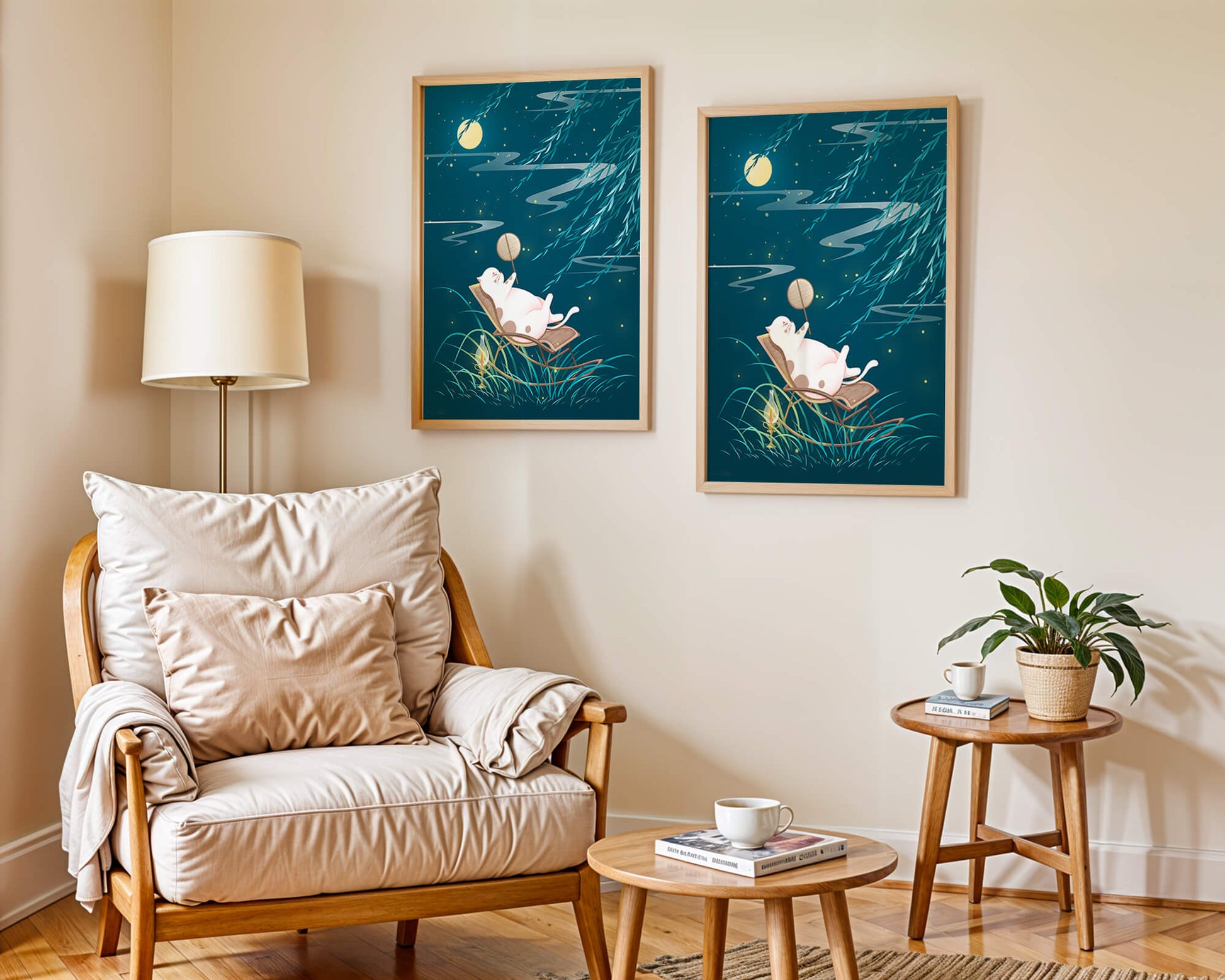 Adorable ilustración de un gato relajándose en un jardín iluminado por la luna con linterna