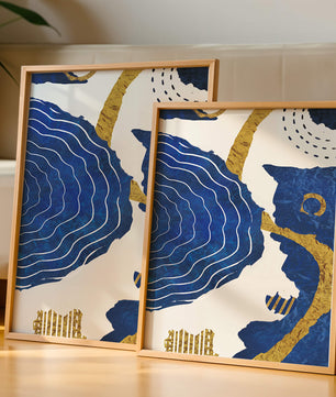Abstract blue and gold textured artwork with wave patterns
