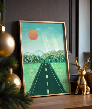 Serene Landscape with Road Leading to Sunset and Lush Greenery