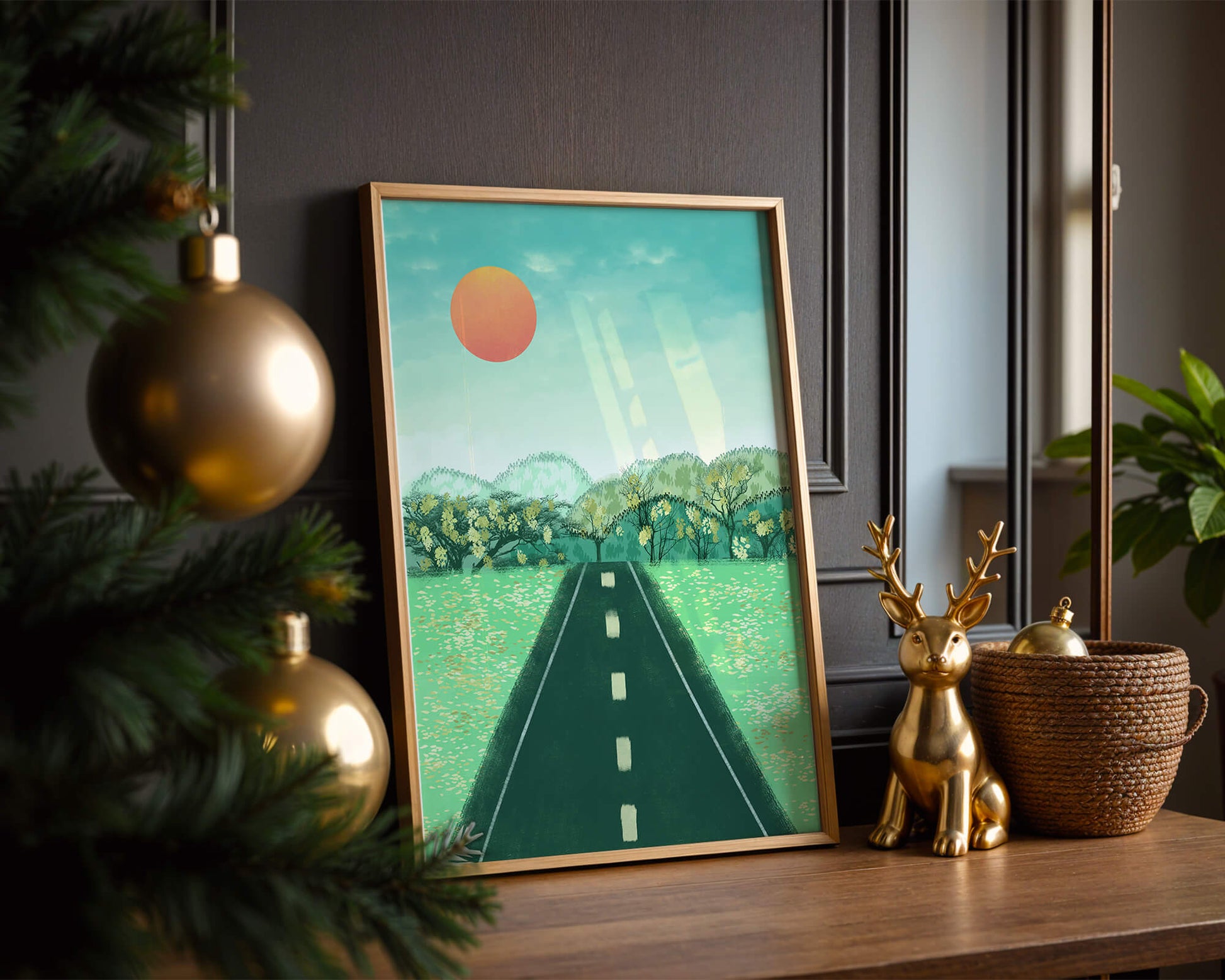 Serene Landscape with Road Leading to Sunset and Lush Greenery