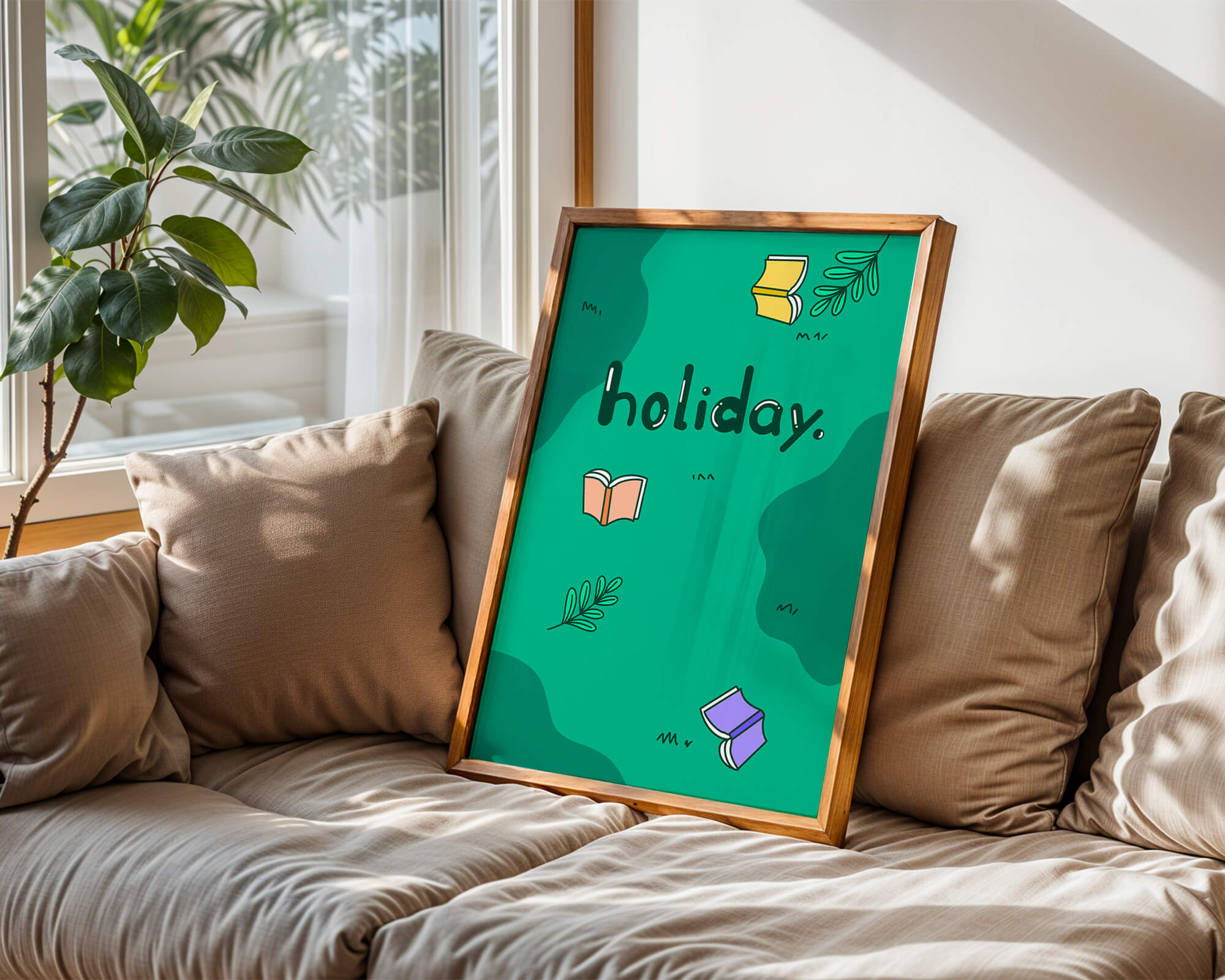 Colorful holiday-themed design with books and leaves
