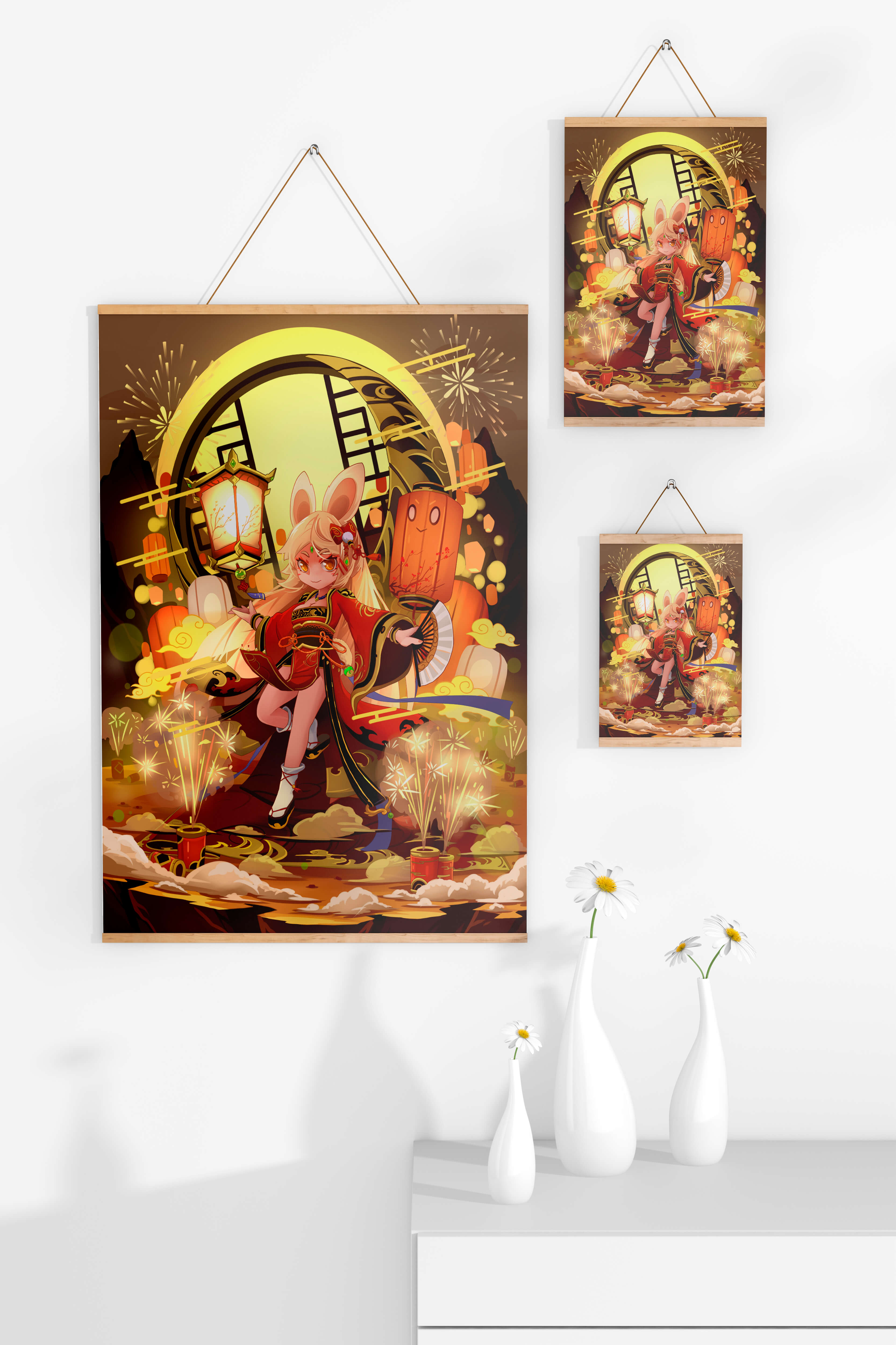 Festive celebration with a lantern-carrying character amidst fireworks and moonlight