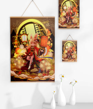 Festive celebration with a lantern-carrying character amidst fireworks and moonlight