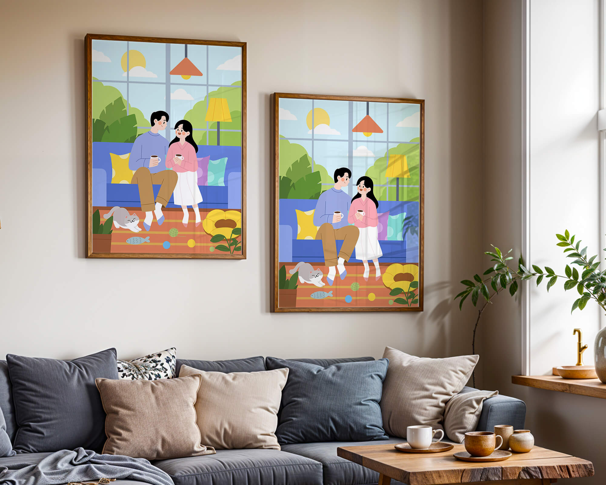 Cozy living room scene with couple and playful cat