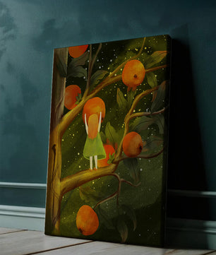 Little Girl Picking Oranges on a Starry Night