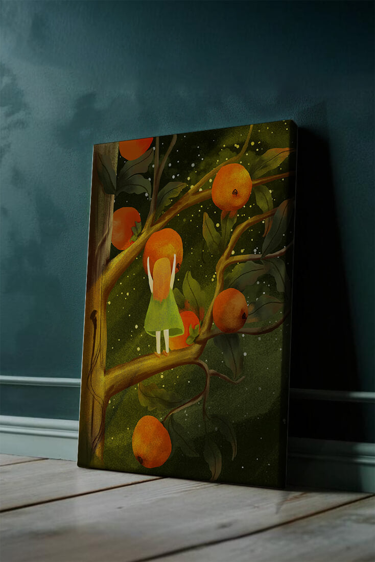 Little Girl Picking Oranges on a Starry Night