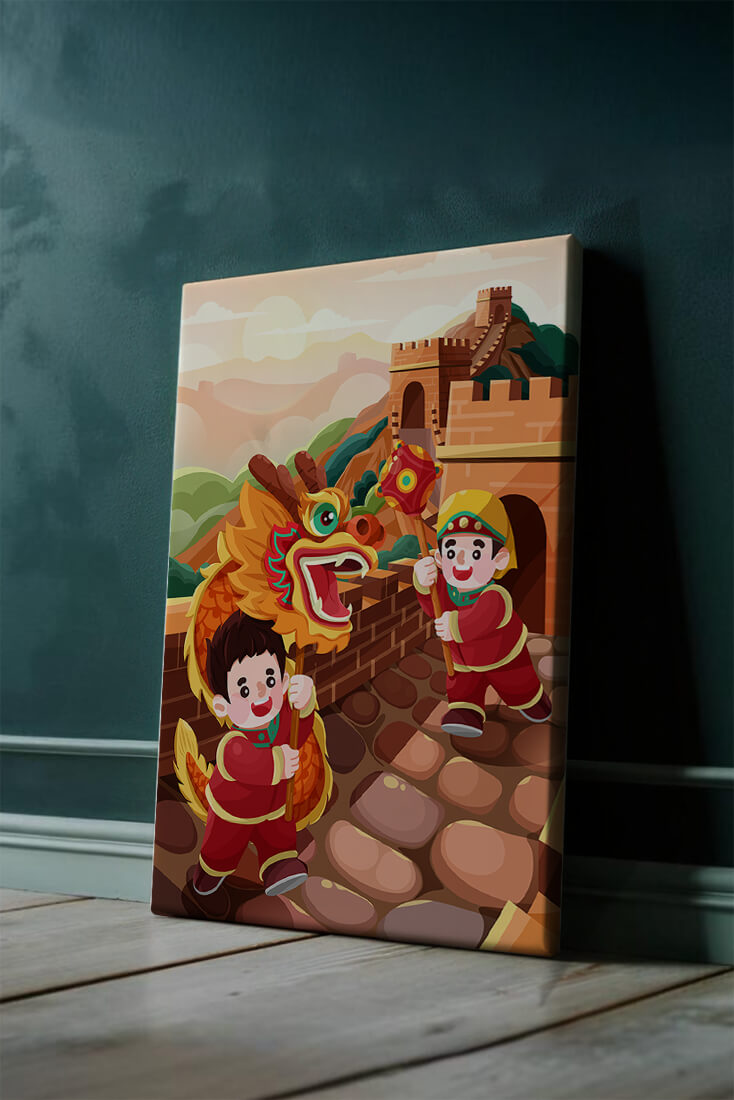 Children celebrating with dragon dance at the Great Wall