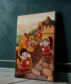 Children celebrating with dragon dance at the Great Wall