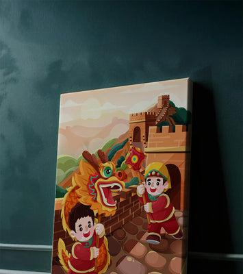 Children celebrating with dragon dance at the Great Wall