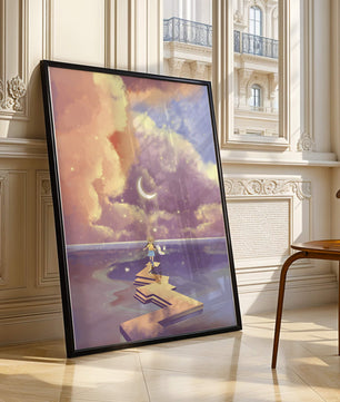 Whimsical journey on a dreamlike path beneath colorful clouds