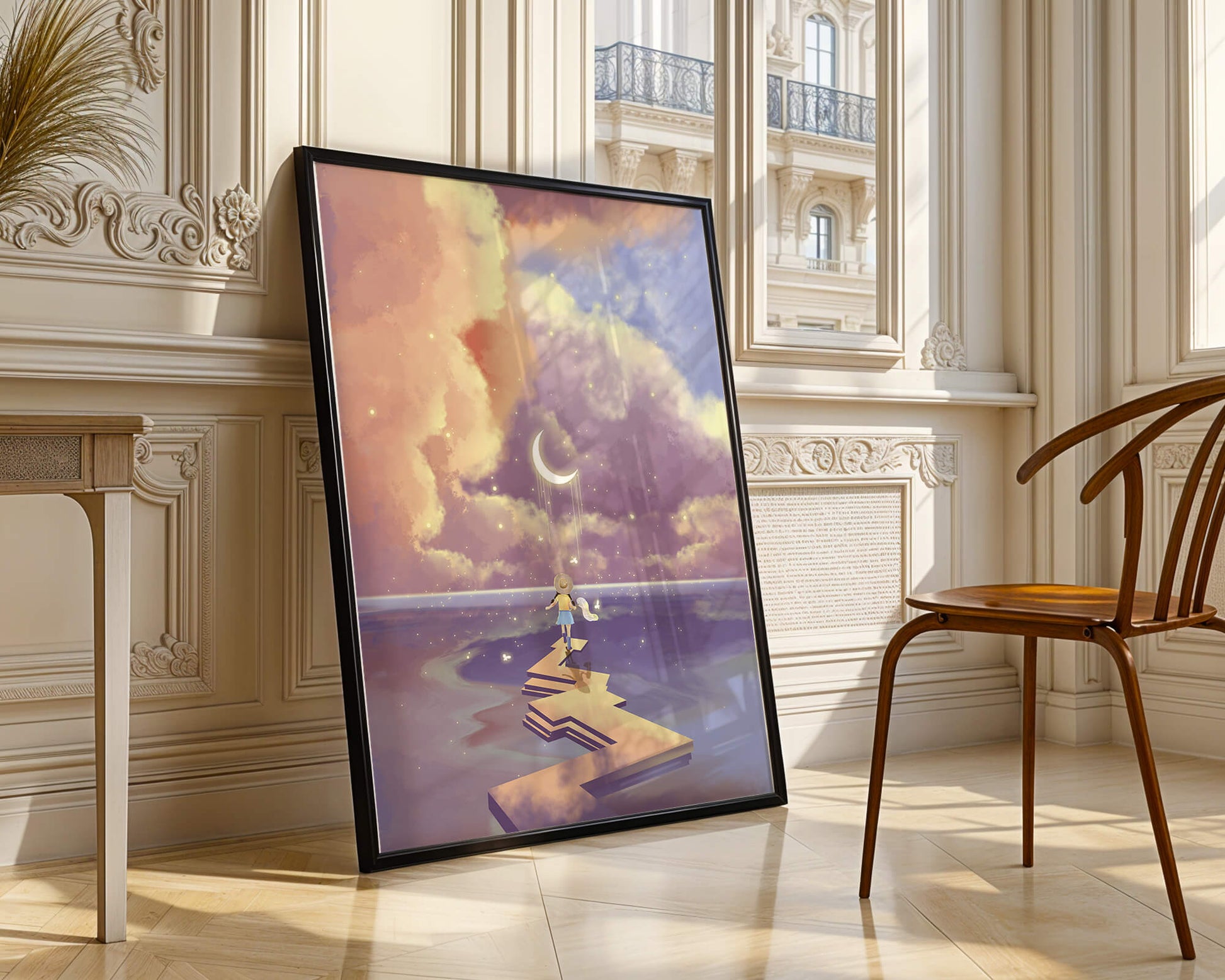Whimsical journey on a dreamlike path beneath colorful clouds