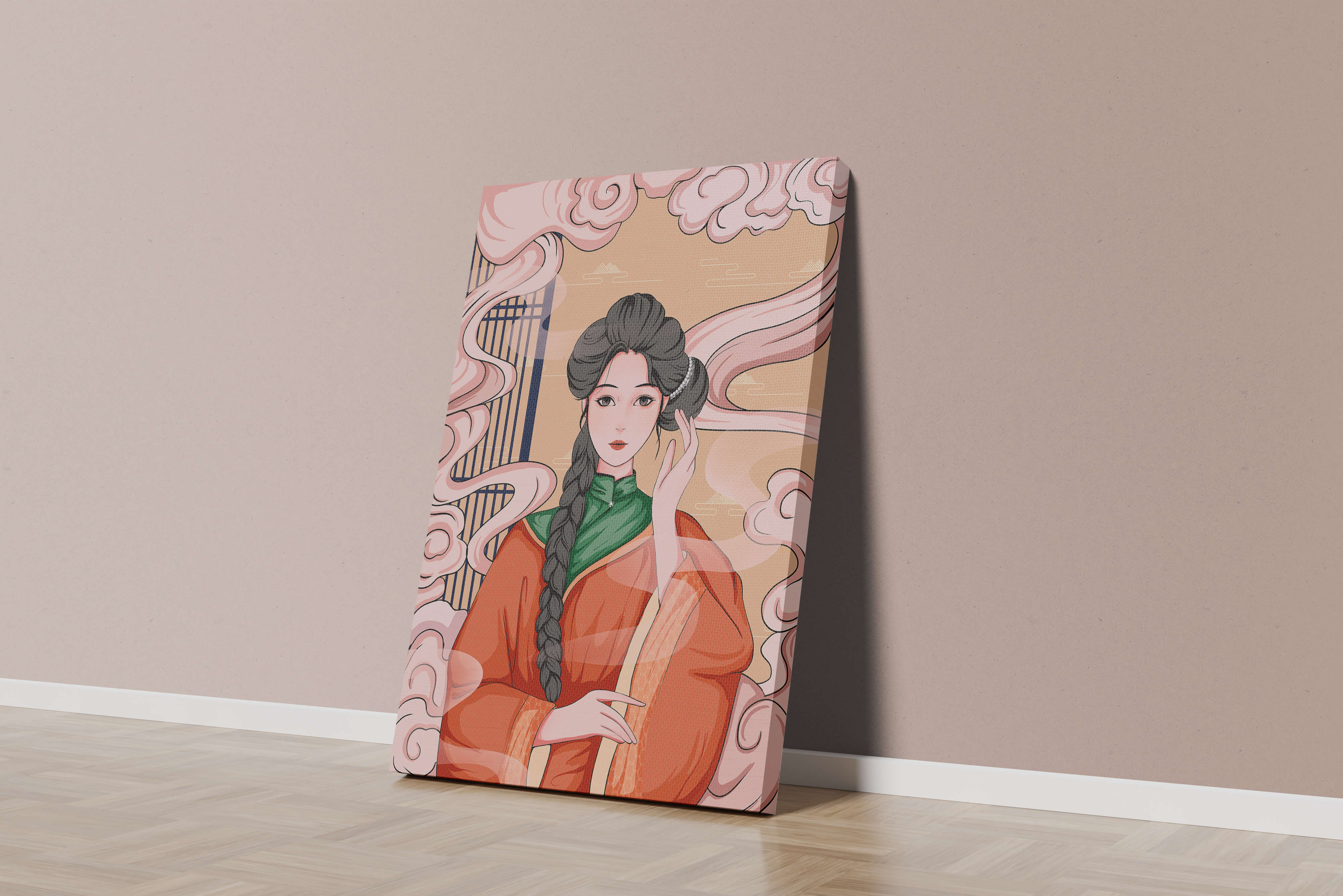 Elegant depiction of a woman in traditional attire with swirling clouds