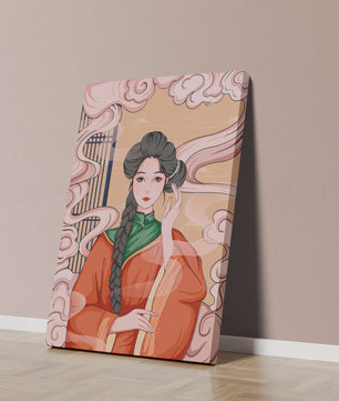 Elegante representación de una mujer con atuendo tradicional y nubes giratorias