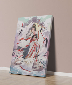 Elegant Asian Artistry with a Crane and Traditional Attire