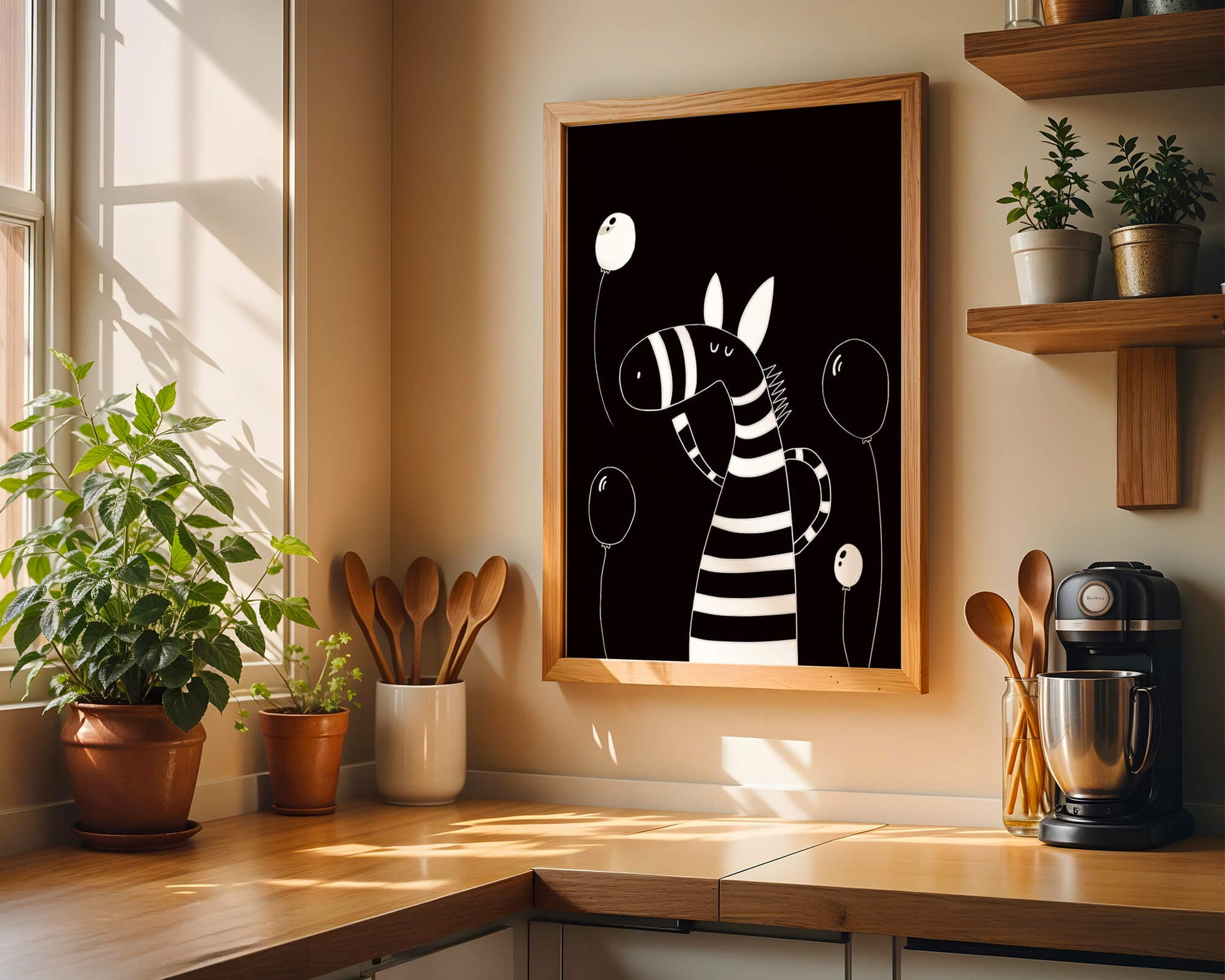 Cebra juguetona con globos en arte minimalista en blanco y negro