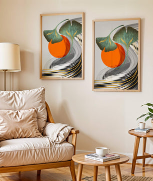 Hojas de Ginkgo abstractas con círculo naranja y ondas plateadas