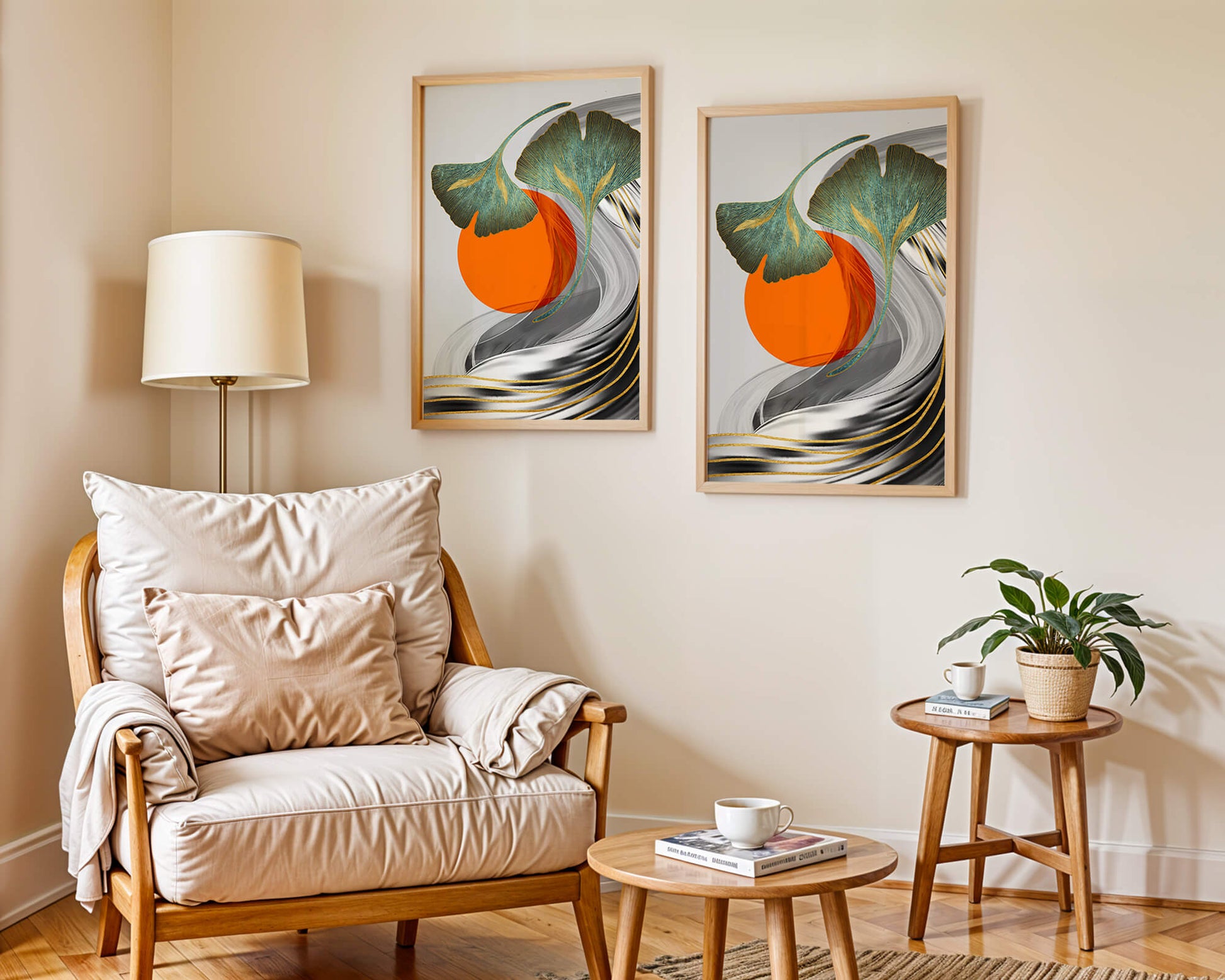 Hojas de Ginkgo abstractas con círculo naranja y ondas plateadas