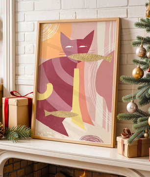 Abstract cat artwork with gold accents and colorful patterns