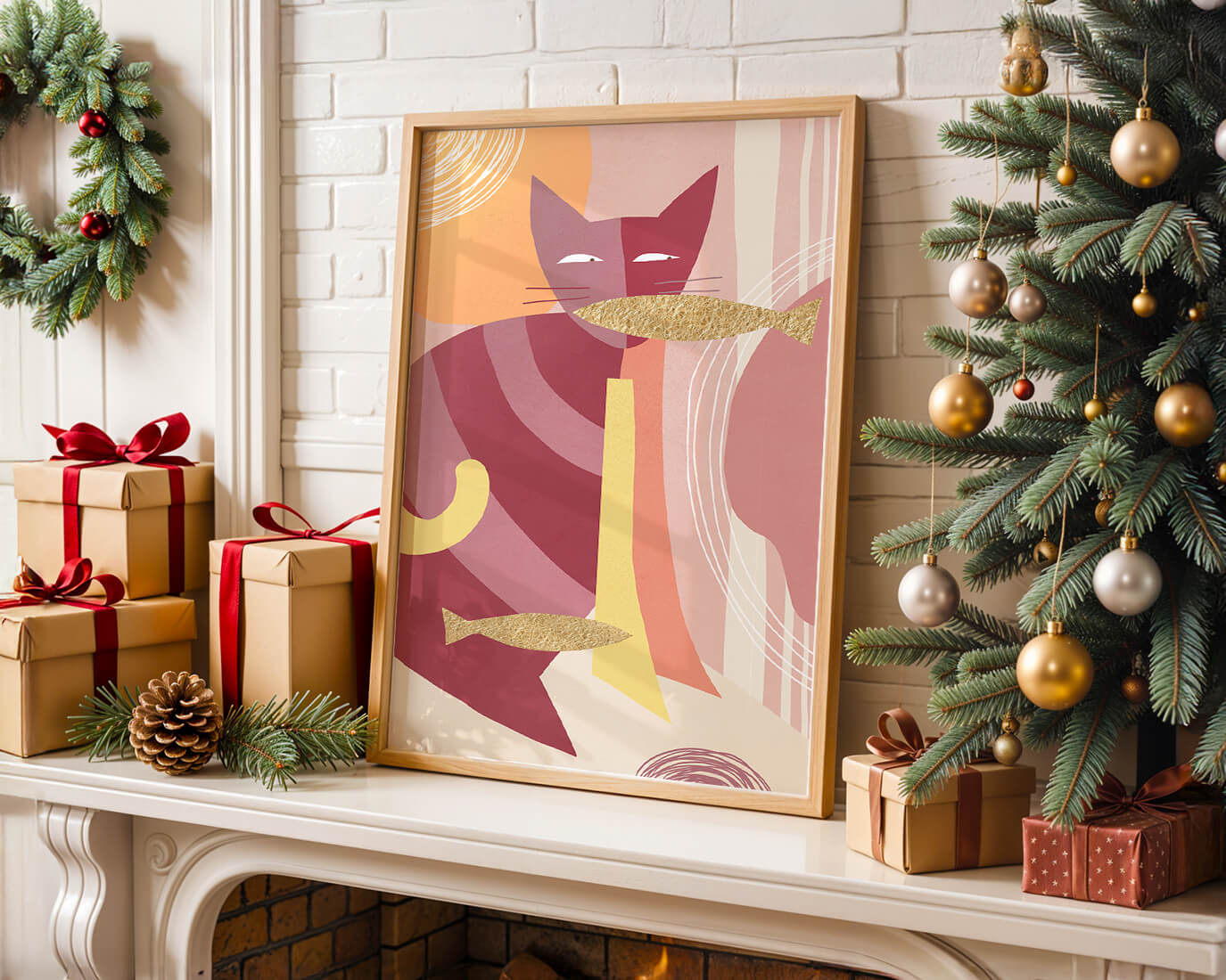 Abstract cat artwork with gold accents and colorful patterns