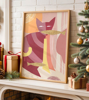Abstract cat artwork with gold accents and colorful patterns