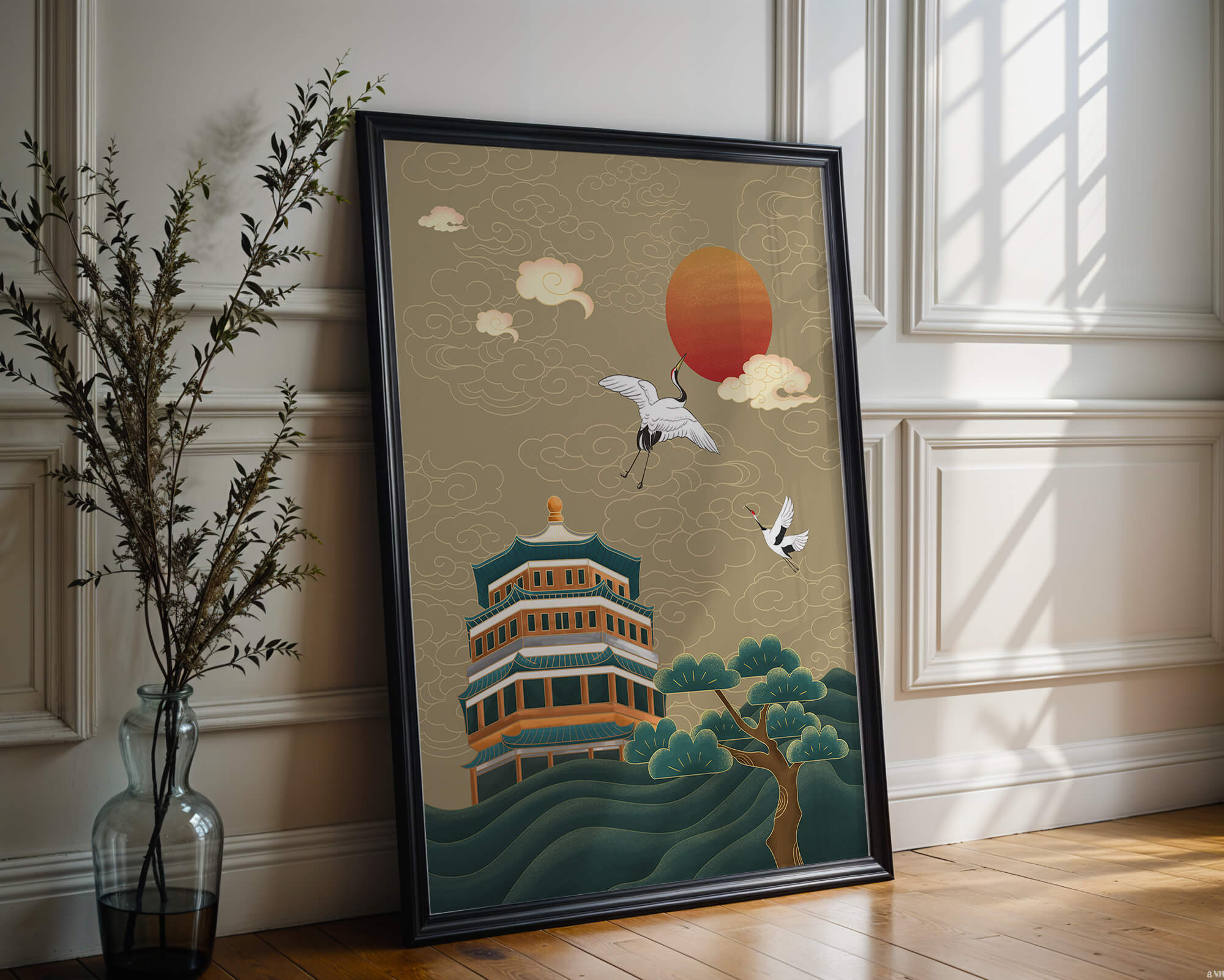 Traditional Asian artwork with cranes and pagoda under a red sun
