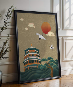 Traditional Asian artwork with cranes and pagoda under a red sun