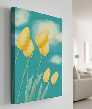 Stylized yellow tulips against a cloudy blue sky background
