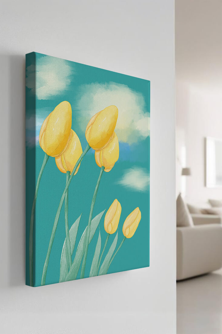 Stylized yellow tulips against a cloudy blue sky background