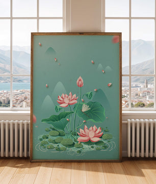 Illustration sereine de fleurs de lotus dans un étang paisible avec des montagnes