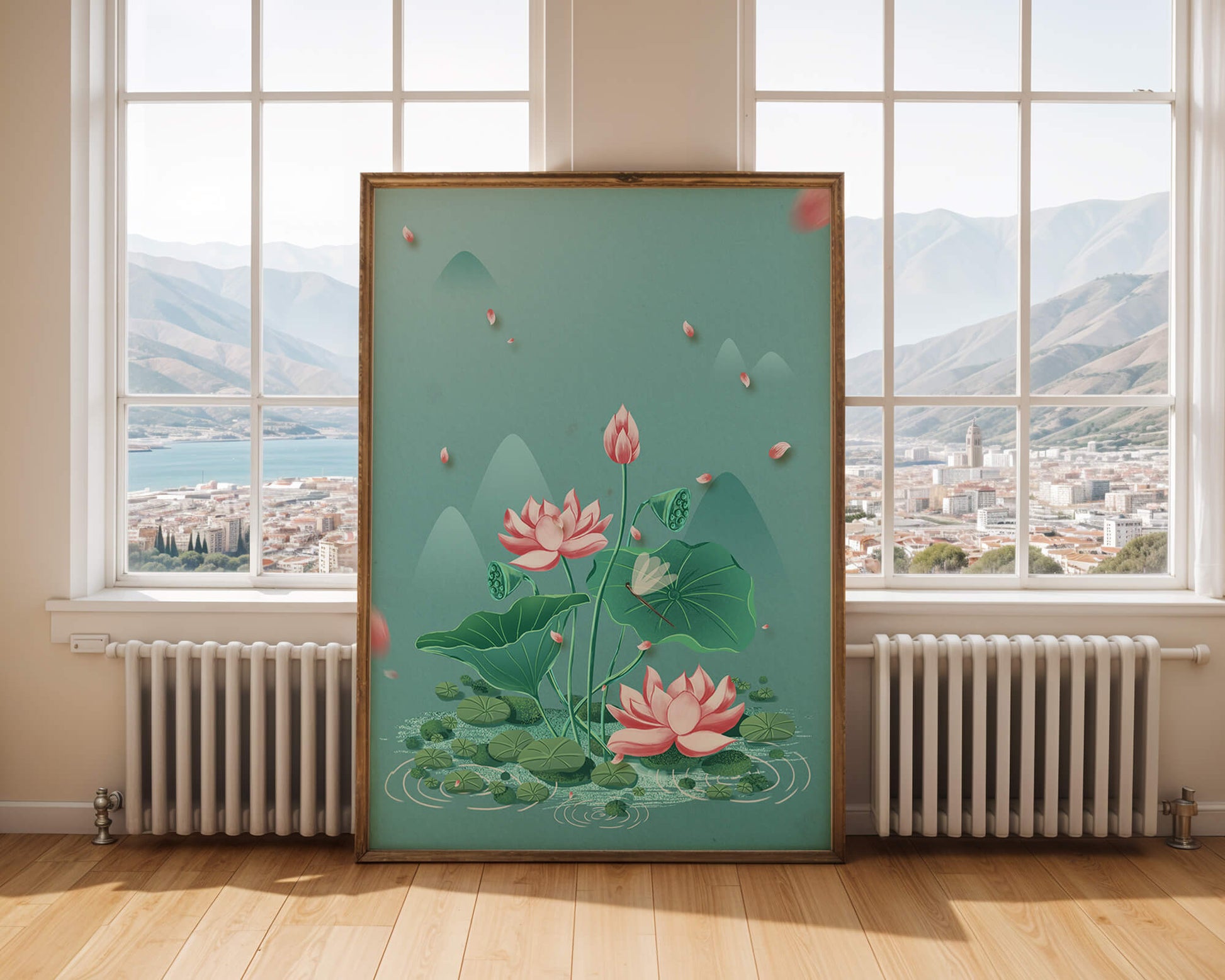 Serene illustration of lotus flowers in a tranquil pond setting with mountains