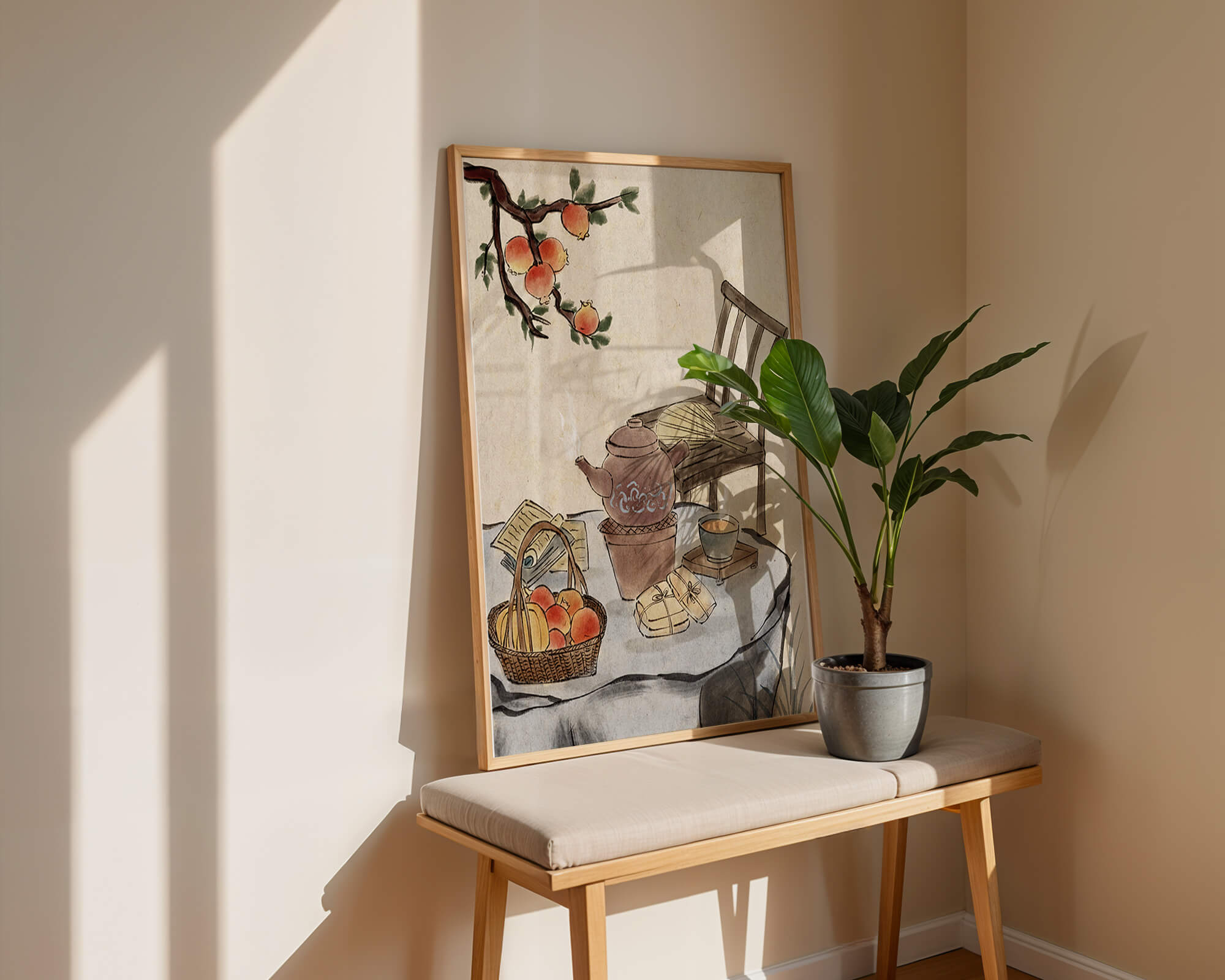 Watercolor painting of tea time setting with fruits and wooden chair
