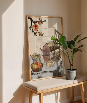 Peinture à l’aquarelle d’un moment de dégustation de thé avec des fruits et une chaise en bois